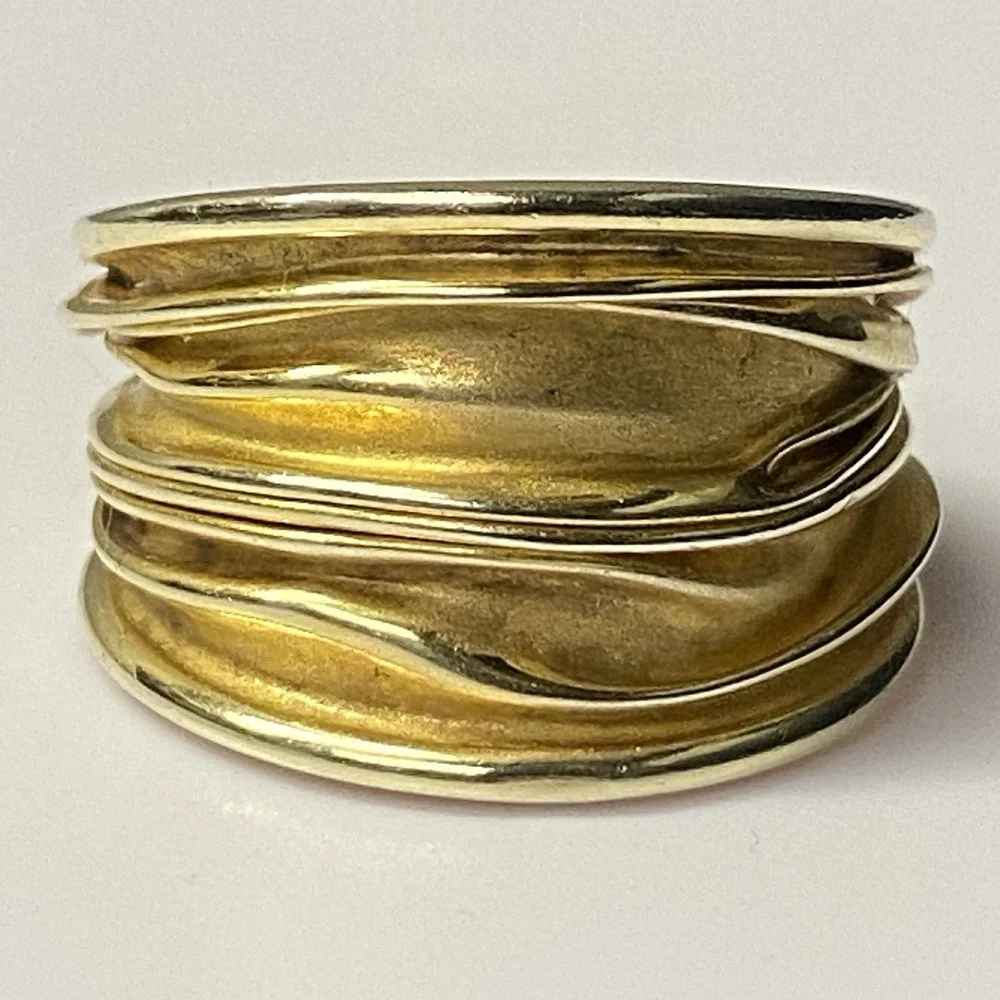 Wide Artisan 925 Gold Over Sterling Silver Ring Band Sz 8.75